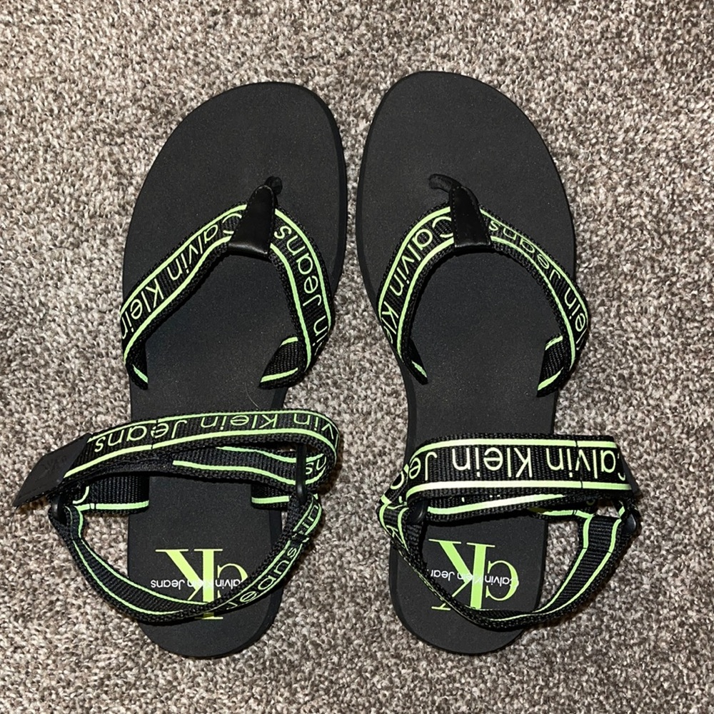 Calvin Klein Black and Neon Green Logo Strap Sandals